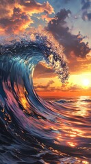  A large wave painting in the ocean, accompanied by a sunset and clouds in the sky