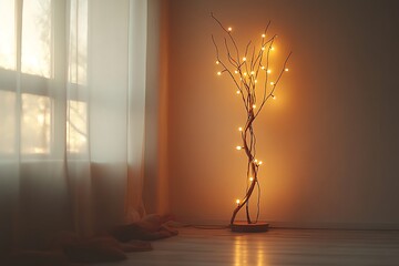 A cozy living room illuminated by a tree lamp at sunset.
