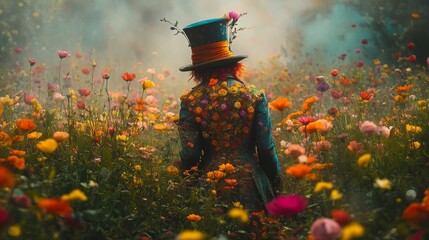 Minimalist background: A whimsical Wonderland tea party scene with Mad Hatter, Alice, and vintage silhouettes in a fabulous fairytale-inspired vector illustration.

