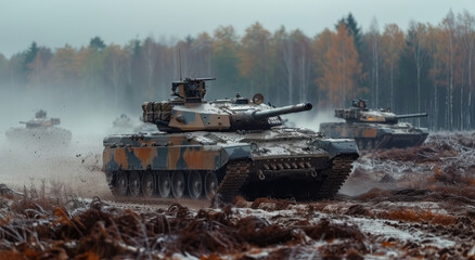 Obraz premium Leopard tanks in camouflage advance through an open field towards trees with guns raised during a military exercise