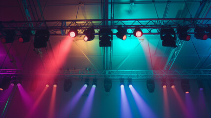 stage lighting setup featuring colorful beams of light in various hues. The lights are arranged on a truss system, casting dynamic shadows and creating an energetic atmosphere