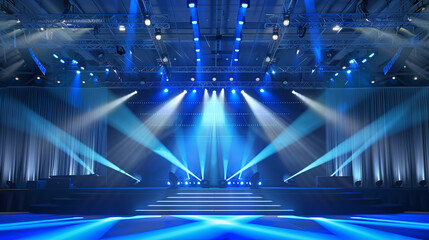 A stage illuminated by multiple beams of blue and white lights creates a  performance or concert setting.
