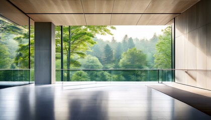 Fototapeta premium Terrace with forest view. Balcony room in the hotel with landscape that is visible through panoramic windows. Empty space with sunlight.