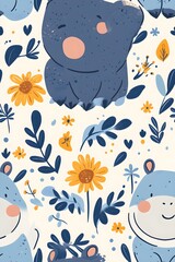 Happy Pygmy Hippo Doodle Hand Drawn Seamless Pattern.