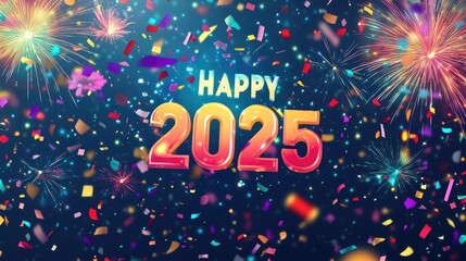 A cheerful Happy New Year 2025 banner with big "2025" in the center, surrounded by multicolored fireworks and confetti, celebrating the arrival of the new year.