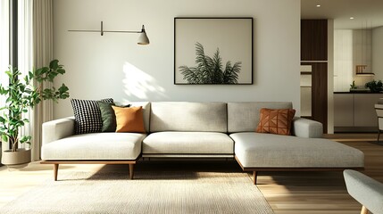 Captivating 3D Rendered Modern Living Space with Minimalist Style and Inviting Atmosphere  Comfortable L shaped sofa cohesive design
