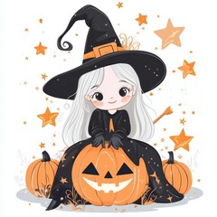  A small girl in witch attire sits atop a jack-o-lantern, encircled by stars