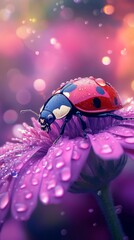 Fototapeta premium A ladybug atop a purple flower, petals speckled with water drops, blurred background