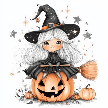 recommend clip art:  A charming witch sits atop a pumpkin, her hair cascades in a black dress, and her hat matches the darkness