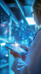 A healthcare professional uses tablet to access cloud based technology, surrounded by digital cloud graphic. This image captures integration of technology in modern medicine