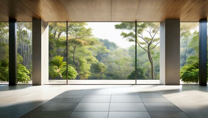 Terrace with forest view. Balcony room in the hotel with landscape that is visible through panoramic windows. Empty space with sunlight.

