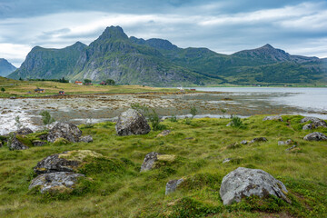Swampy moss lake with stones on the shore in front, red houses and mountains in the background, Lofoten Norway