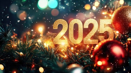 Beautiful Happy New Year 2025 design with large golden "2025" in the middle and space for a greeting message or text, featuring festive decorations and lights.