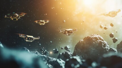 Naklejka premium AI-controlled drones conducting a survey of an asteroid belt outer space