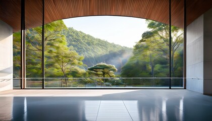 Terrace with forest view. Balcony room in the hotel with landscape that is visible through panoramic windows. Empty space with sunlight.

