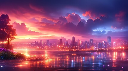 Fototapeta premium Vibrant digital painting: sunset hues and intricate city reflections.