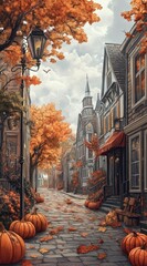  A city street painting featuring pumpkins scattered on the ground, encircled by a lamp post in its center