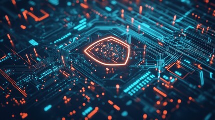 Obraz premium A digital circuit board with a glowing shield, symbolizing cybersecurity and protection.