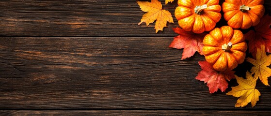  A collection of pumpkins atop a wooden table, surrounded by orange and yellow autumn leaves