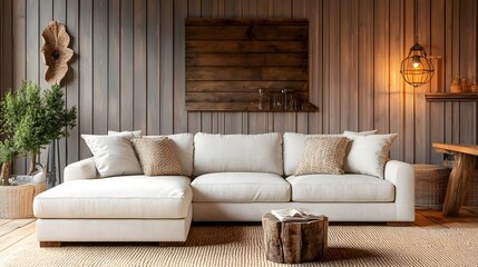 Cozy and Charming Farmhouse Style Living Room with Spacious Linen Sofa Distressed Wood Furnishings and Woven Textiles Creating a Warm Inviting Atmosphere