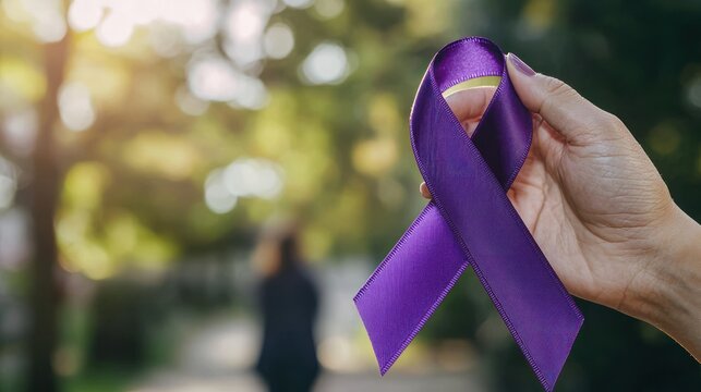 A person holding a purple ribbon, symbolizing brain tumor awareness, with a blurred background.