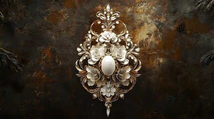 Fototapeta premium Captivating White Gold Floral Border Jewelry Design with Ornamental and Luxurious Flower Embellishments on a Pendant or Ring Created with Digital Painting in a and Baroque Period Aesthetic