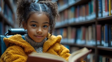 Happy young disabled mixed race school student in wheelchair reading a library book. African american child with disability learning. Inclusive & diverse education