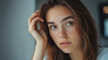 Obraz premium Close-up portrait of a young woman with freckles and brown hair