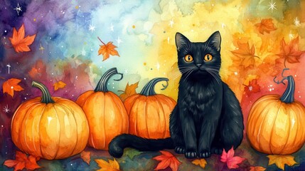 Enchanting Watercolor Black Cat with Pumpkins in Colorful Patch at Night