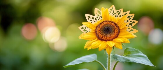 Obraz premium A yellow sunflower with a butterfly at its flower head, blurred background
