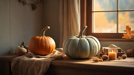 Autumn still life. Pumpkins on a rustic wooden table.	