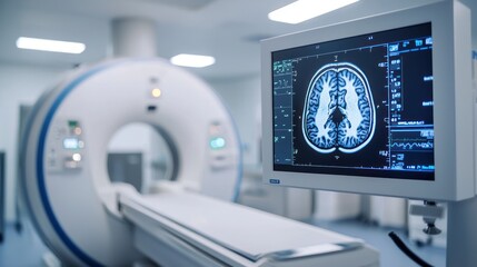 Advanced medical equipment used for diagnosing brain tumors, with a digital screen displaying a brain scan.