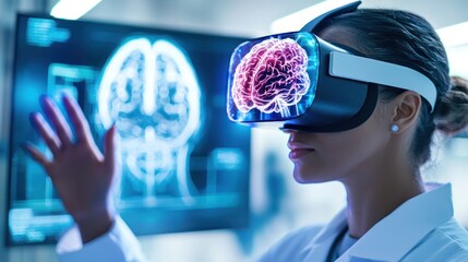 Virtual reality headset being used by a medical professional to study brain tumor treatment options.
