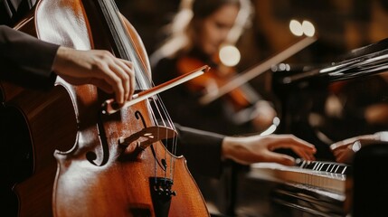 Fototapeta premium pianists and cellists. Cellist and pianist performing in a duet. Close-up of a classical music instrument.