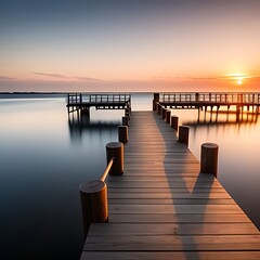 Fototapeta premium Wooden pier extending into sunset waters.