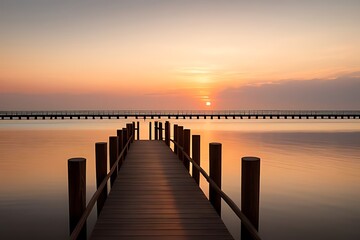 Wooden pier extending into sunset waters.