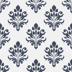 Elegant navy blue ikat damask pattern on a white background. This seamless design features intricate floral motifs, perfect for fabric prints, wallpaper, and home decor.