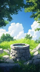 A serene stone well surrounded by lush greenery and vibrant skies, evoking tranquility and the beauty of nature.