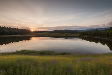 Fototapeta premium Wildflower field framing sunset over lake