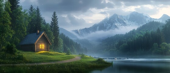 Obraz premium A cabin sits in the heart of a forest, surrounded by tall trees In the foreground, a serene lake reflects the cabin's image Beyond, majestic mountains rise in the