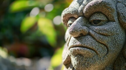 Fototapeta premium A detailed stone troll sculpture rises in an outdoor garden, surrounded by vibrant greenery, highlighting its craftsmanship and unique features in natural light