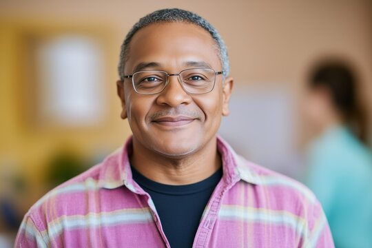 Man in a pink plaid shirt with a gentle smile in a classroom. - Powered by Adobe