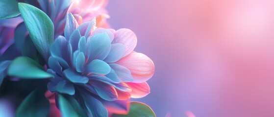 Obraz premium A tight shot of various blooms against a pink and blue backdrop, softened by a hazy, diffused light behind