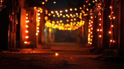 A charming night scene with glowing lights illuminating a peaceful alleyway, creating a warm and inviting atmosphere.