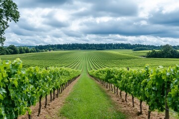 Lush vineyard landscape under cloudy sky, showcasing rows of grapevines.