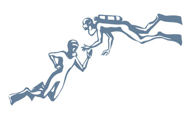 Scuba diver underwater. Vector drawing