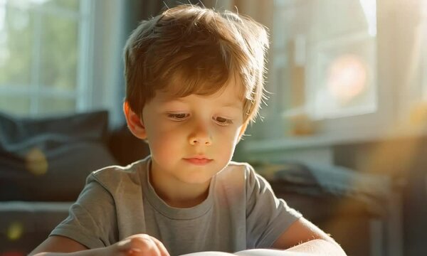 Little cute boy studying the scriptures at home, Christian bible study concept.