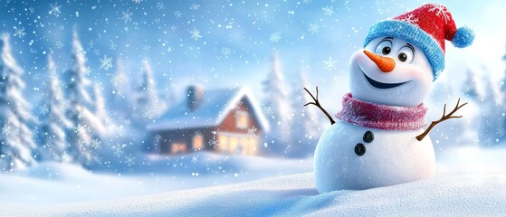 Fototapeta premium A snowman wearing a red hat and scarf stands before a snowy landscape, house included