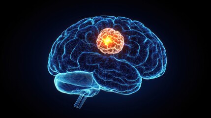 Fototapeta premium Digital concept art showing brain anatomy with a glowing area to signify a tumor.