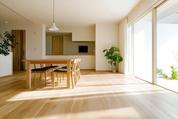 Fototapeta premium Bright and spacious dining room with wooden furniture, large windows, and modern decor, perfect for family gatherings or meals.